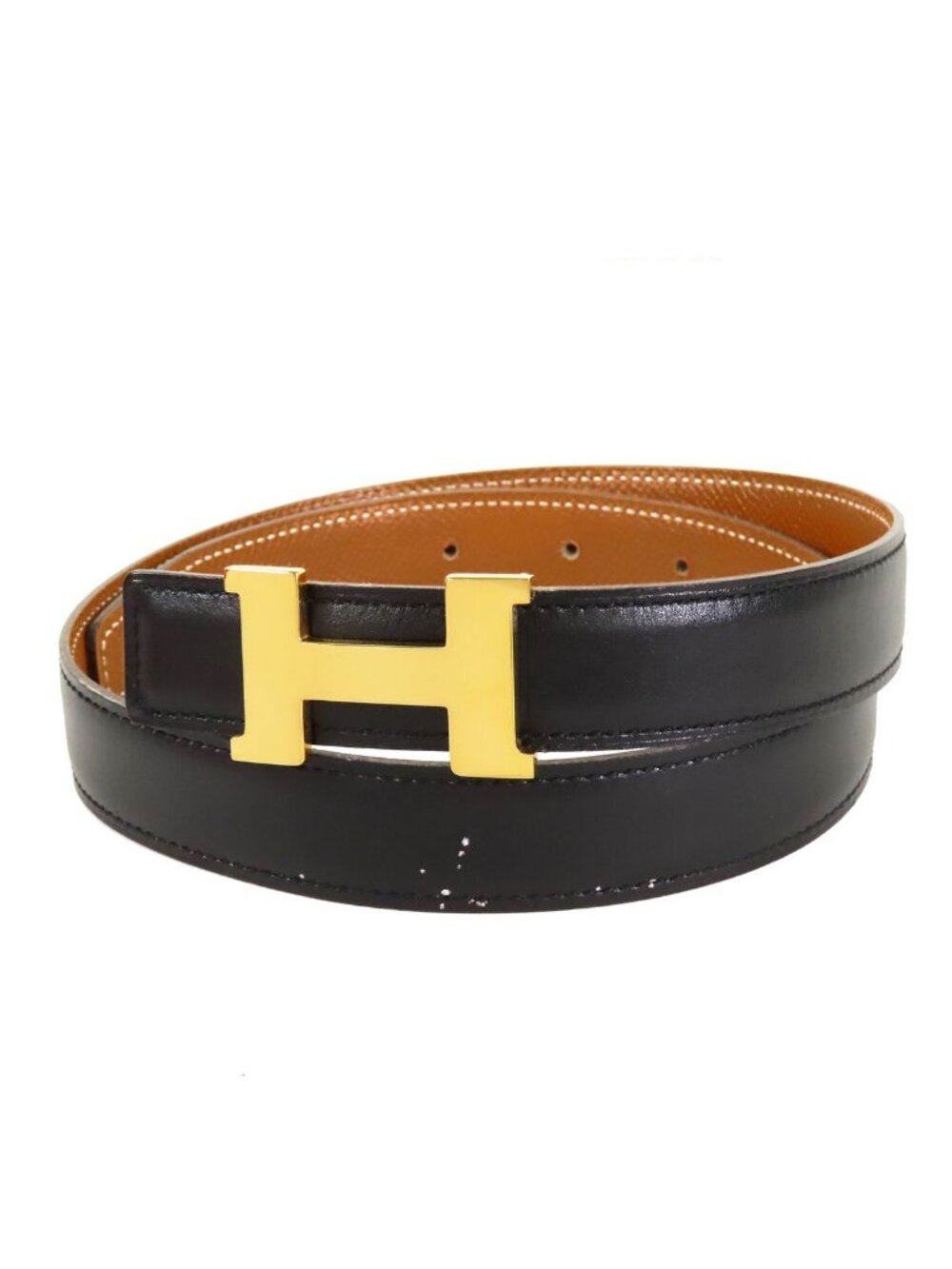 Hermes H Belt Constance Black Gold Box Calf Courchevel Reversible 65